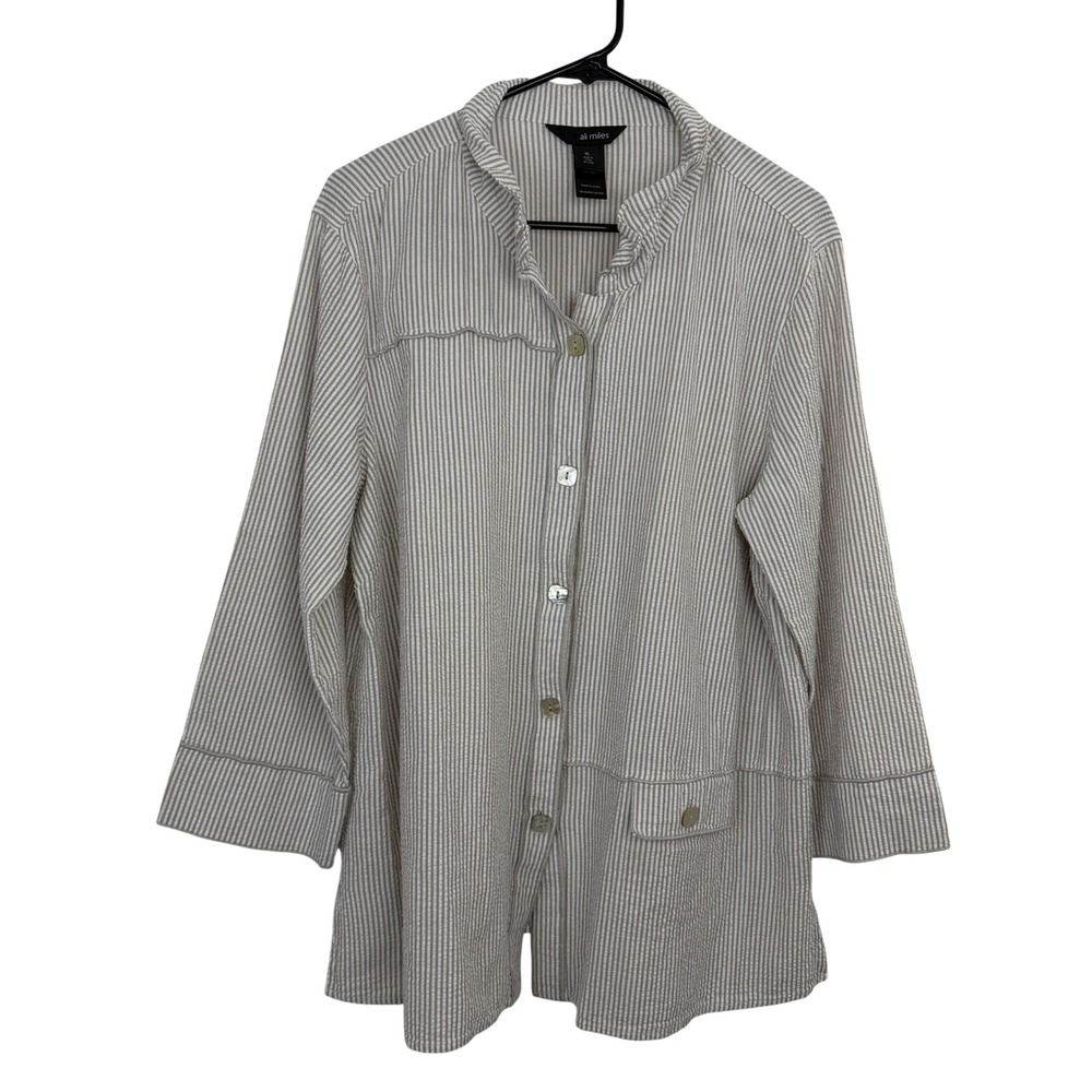 Ali Miles Shirt Womens XL Tan Seersucker Striped Ruffle Collar Button Up Blouse